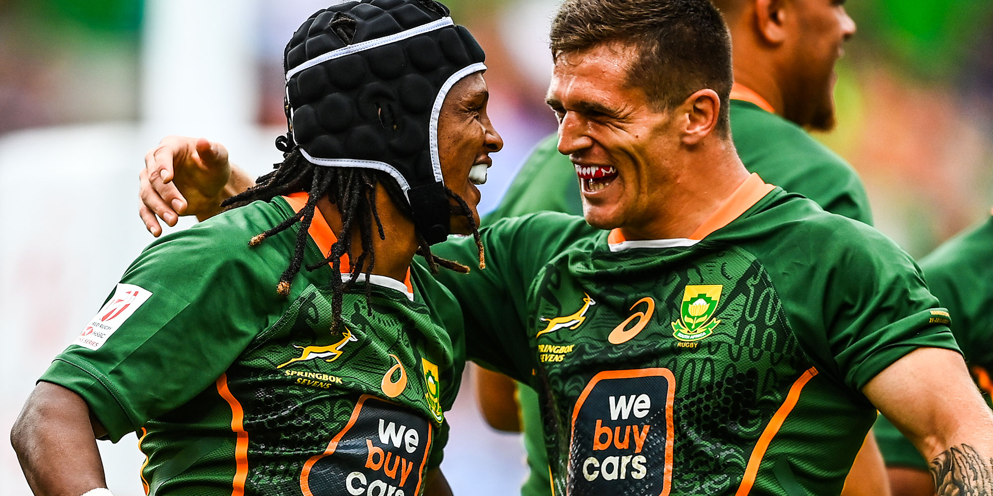 Jaiden Baron (left) scored his first try for the Blitzboks on Sunday.