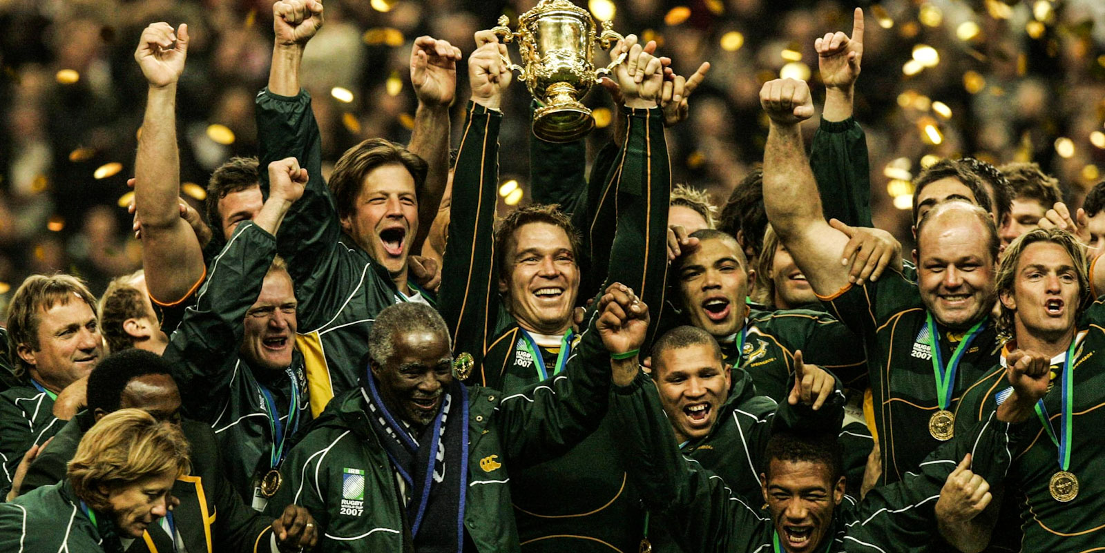 Jubilation as the Springboks lift the Webb Ellis Cup in France in 2007.