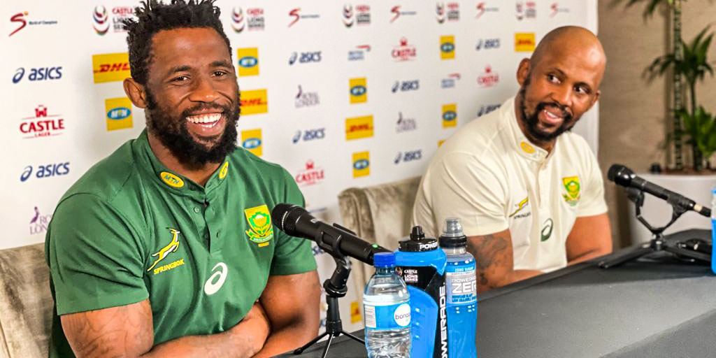 Siya Kolisi and Mzwandile Stick face the media on Friday.