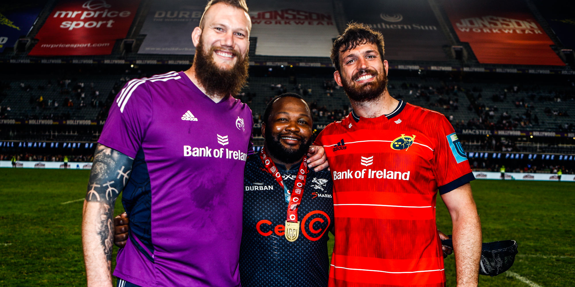 RG Snyman and Jean Kleyn with Ox Nche in the middle after a recent Vodacom URC clash between Munster and the Cell C Sharks in Durban.