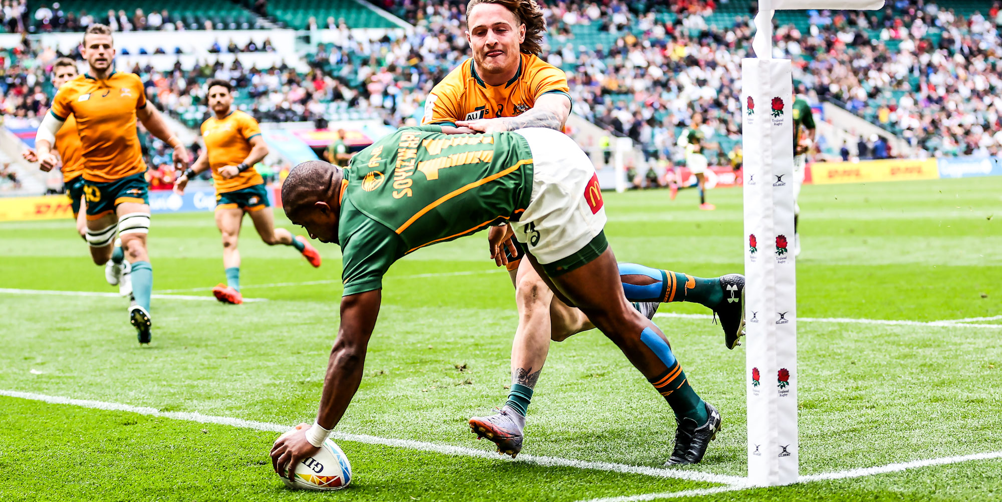 Siviwe Soyizwapi goes over early in the Cup quarter-final against Australia.