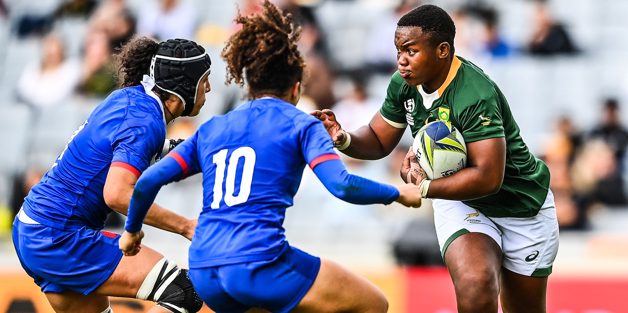 Babalwa Latsha in action against France at the Rugby World Cup last year.