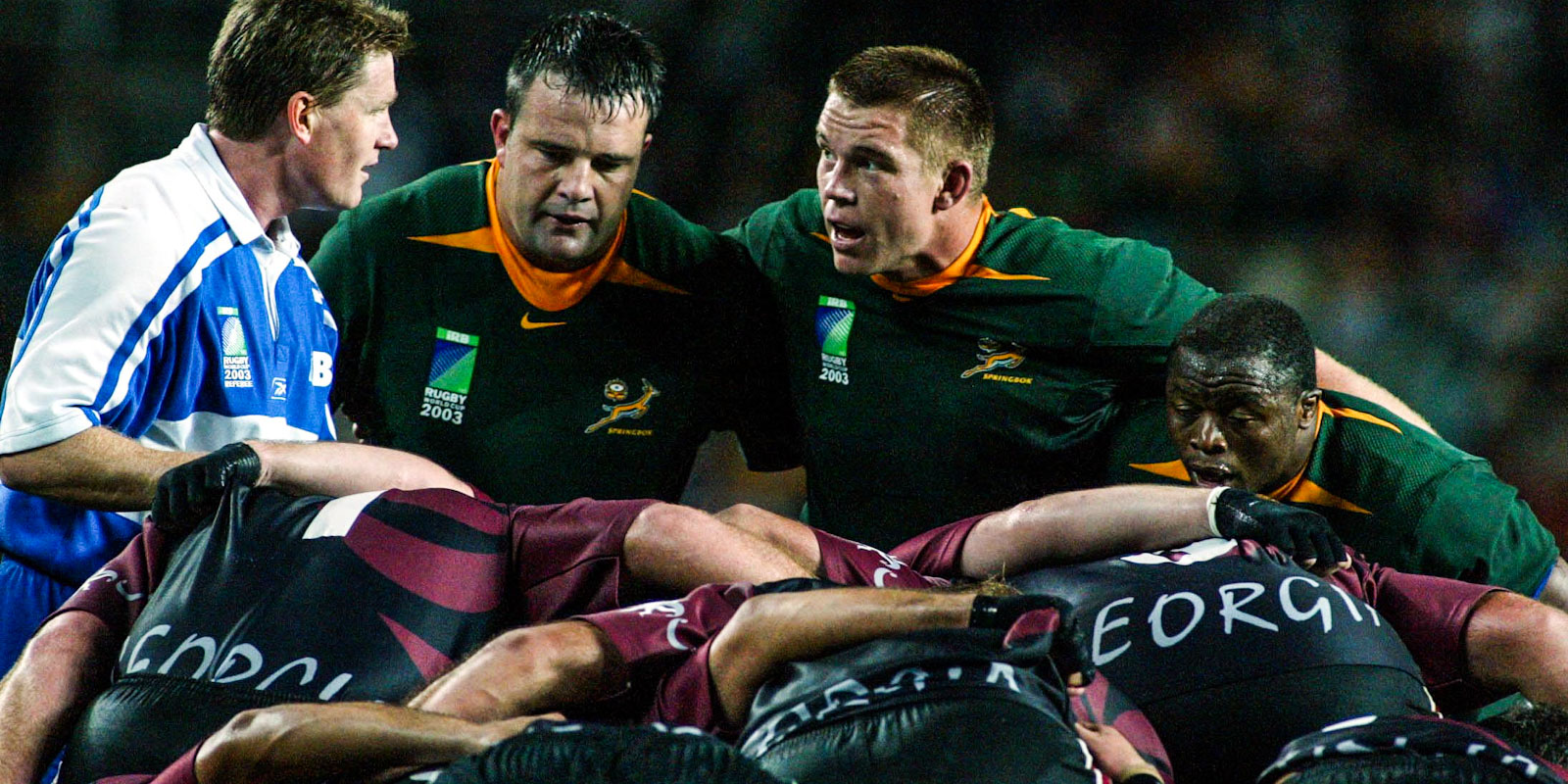 The Bok front row of Faan Rautenbach, John Smit and Lawrence Sephaka ready to pack down.