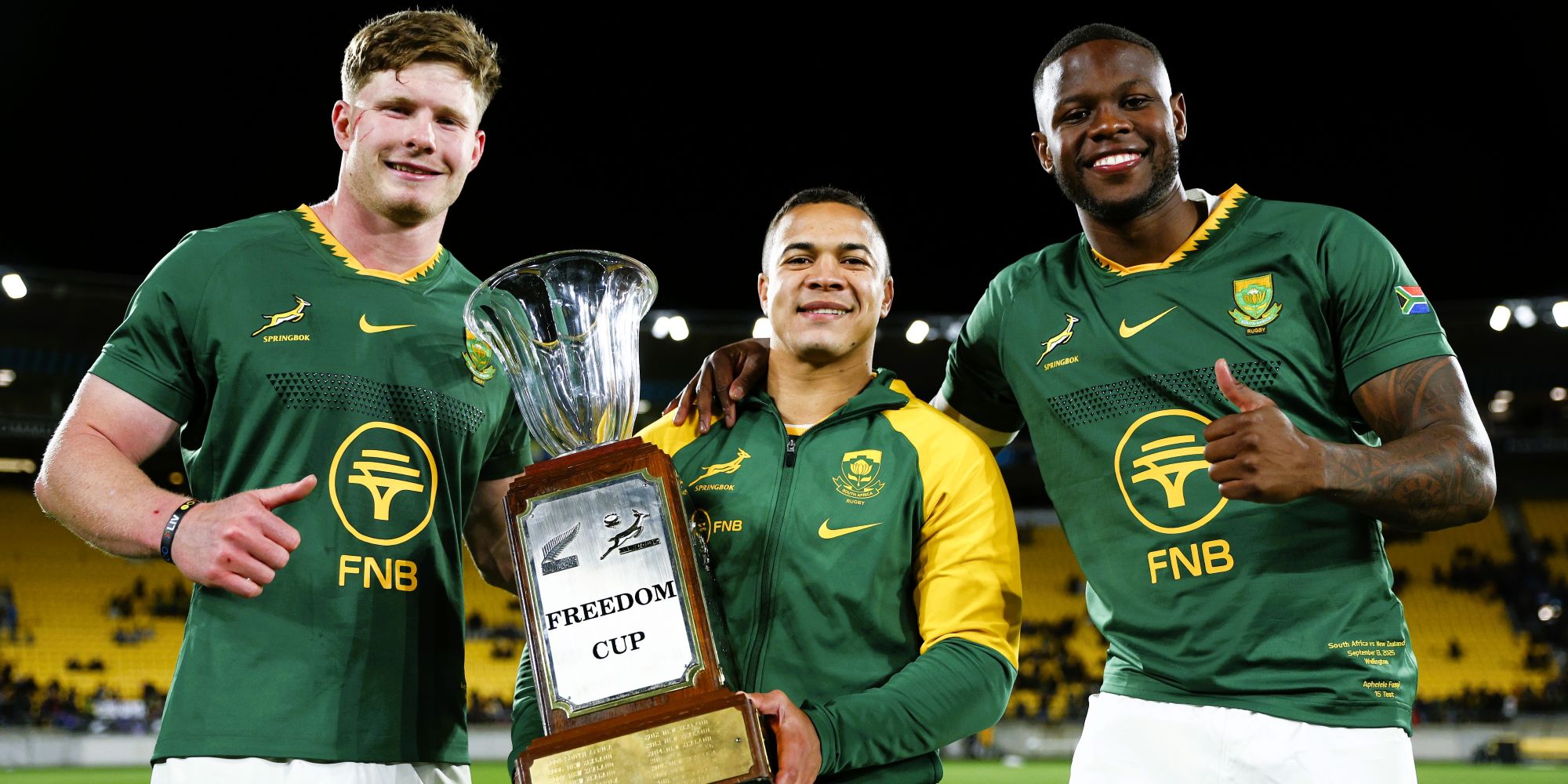 The Bok back three with the Freedom Cup.