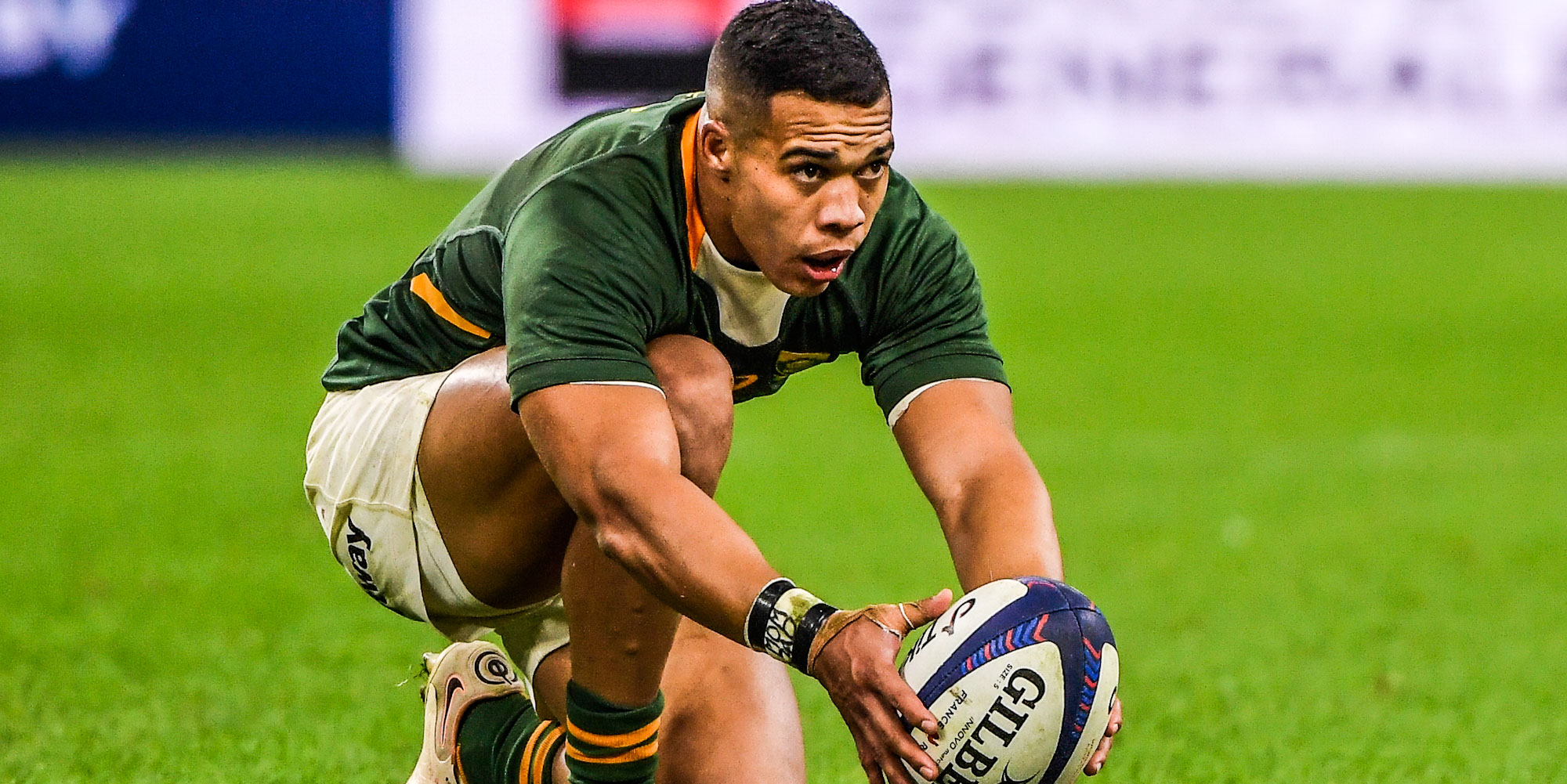 Cheslin Kolbe lines up one of his three successful kicks at goal.