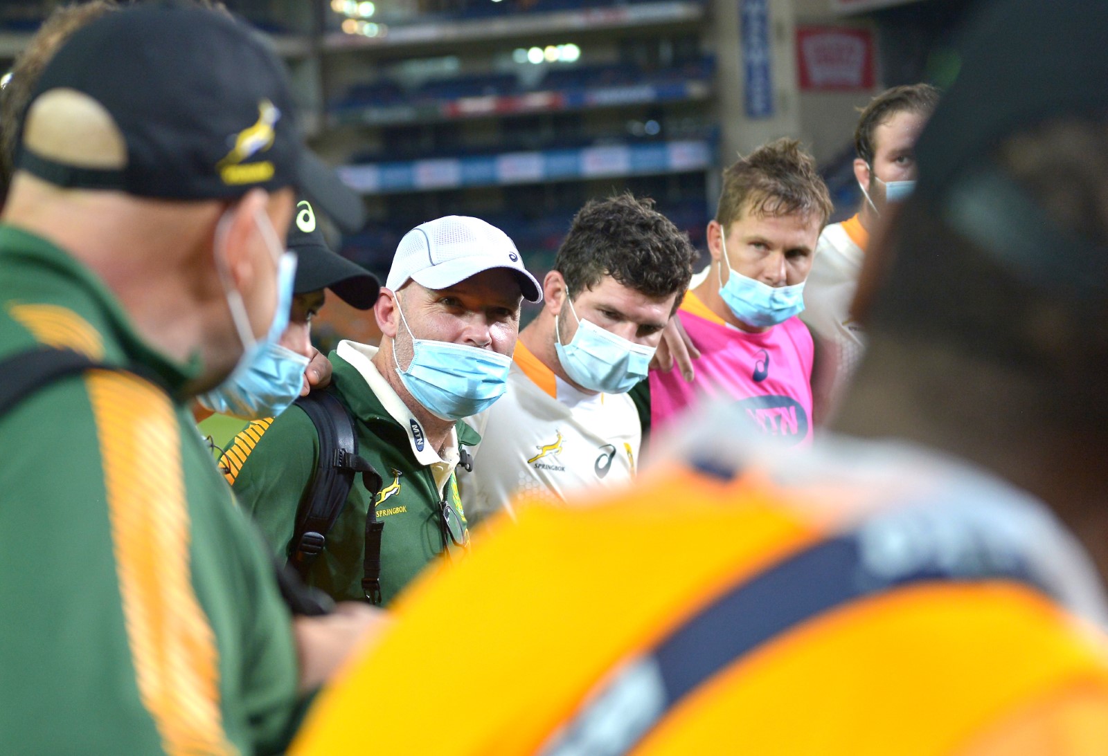 Springbok head coach Jacques Nienaber addresses the players afterwards.