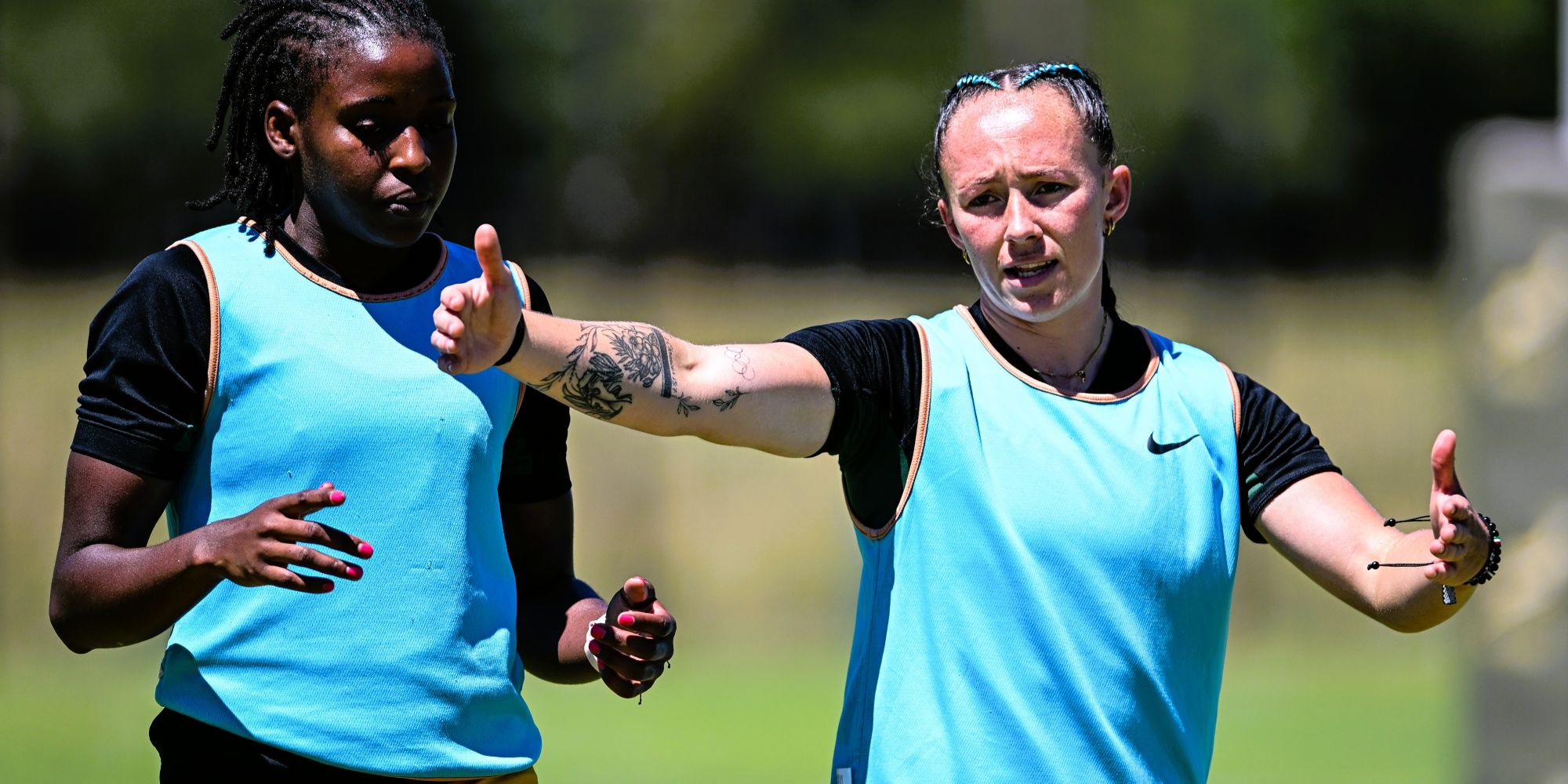 Lerato Makua and Shiniqwa Lamprecht at training on Monday.